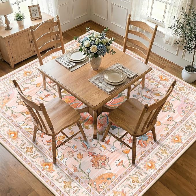 RELEANY Area Rugs Round 7ft Washable Non-Slip, Floral Vintage Distress Print by RELEANY