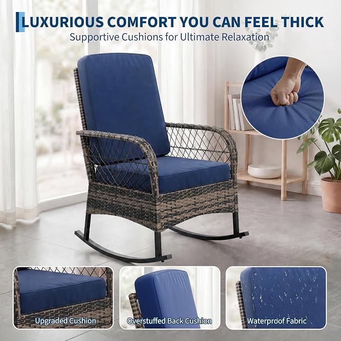 GarveeHome 3-Piece Outdoor Rocking Chair Set, Wicker Rattan Patio Furniture - Image 5