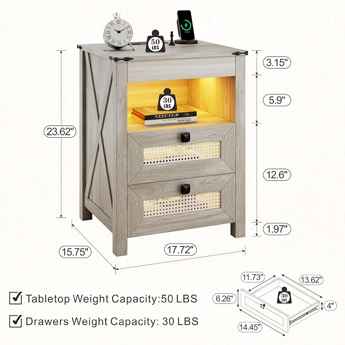 Night Stand with Gun Drawer, Bedside Table with Charger Station & LED Human - Image 2