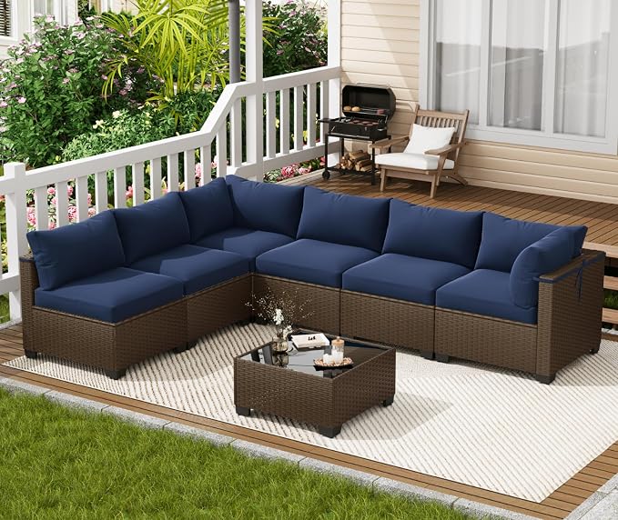 LOUVIXA 7 Piece Outdoor Patio Furniture Set, Outdoor Sectional Sofa, Wicker - Image 7