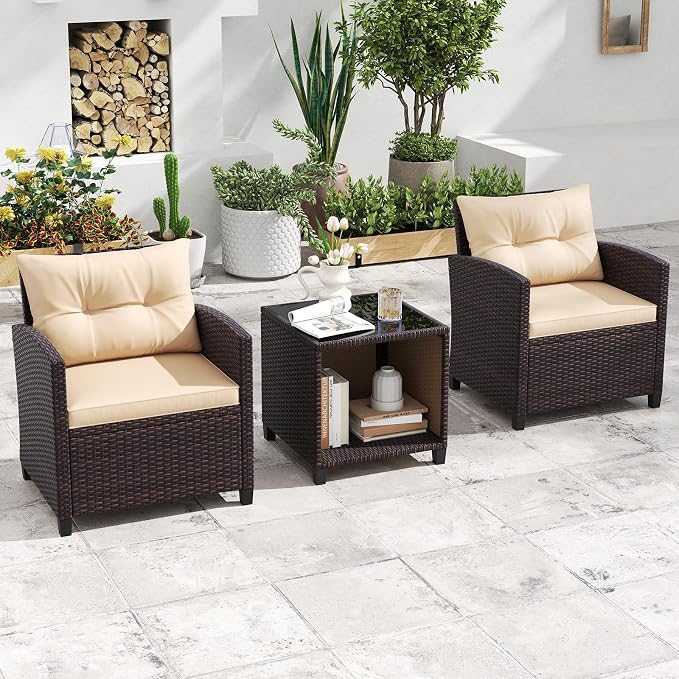 HAPPYGRILL 3 Pieces Patio Conversation Set, Outdoor Rattan Wicker Chairs & - Image 3
