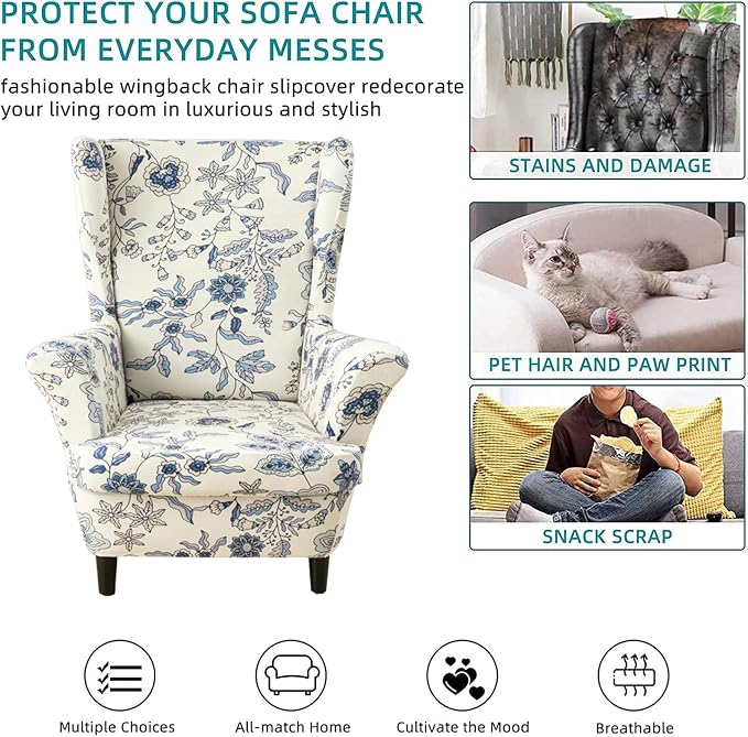 KRFOONN Velvet Wing Chair Slipcovers 2 Piece Stretch Printed Wingback Chair - Image 6
