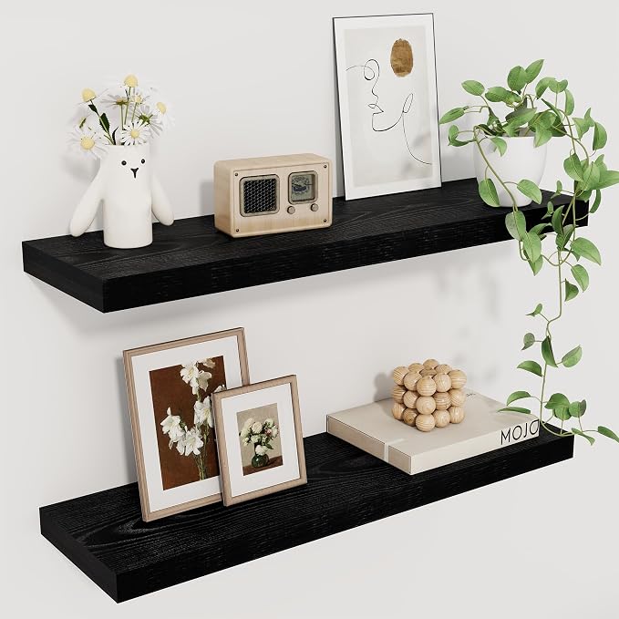 Fun Memories Deep Black Floating Shelf, 22.5" W x 6.5" D Rustic Wood Wall Shelf by FunMemories