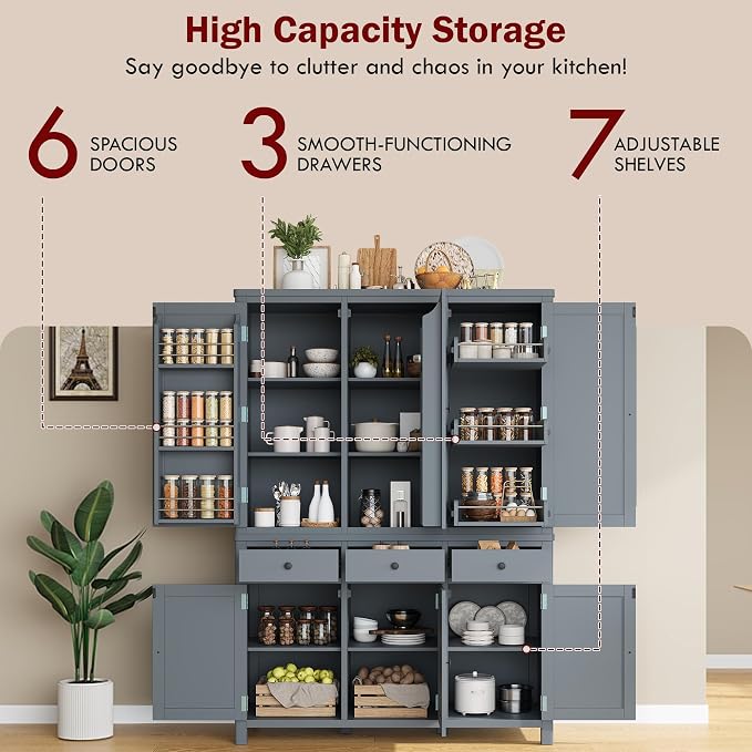 74.8''H High Freestanding Kitchen Pantry, Wooden Kitchen Organizers Cupboard - Image 6