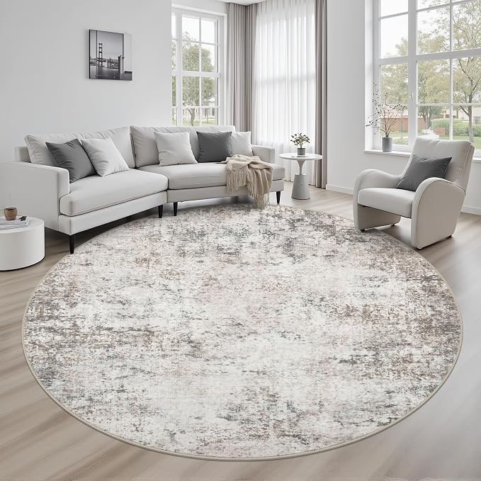 Round Area Rug for Living Room: 8 ft Washable Modern Abstract Soft Thin Rug by FXRHLP