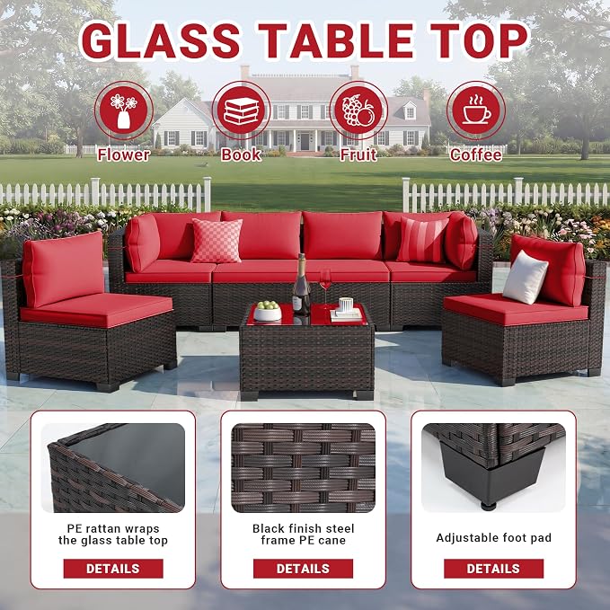 LEVELEVE 7 Pieces Outdoor Patio Furniture Sets, Rattan Conversation Sectional - Image 5