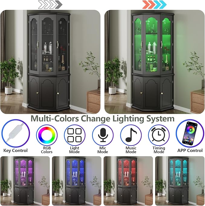Gyfimoie Corner Bar Cabinet w/LED Lights, Tall Modern Wine Cabinet - Image 5
