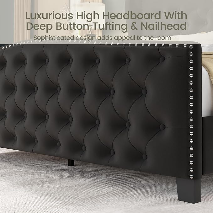 LARMACE Queen Size Bed Frame Velvet Upholstered Platform Bed - Image 4