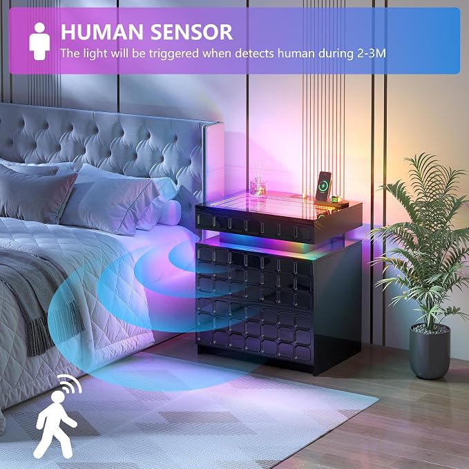 Night Stand with Charging Station and Smart RGB Lights, LED Nightstand with - Image 6