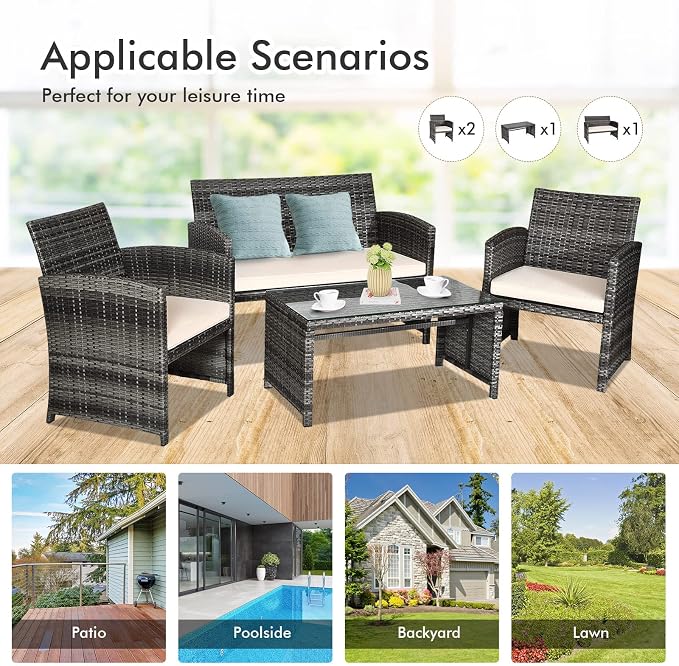 Goplus 4-Piece Rattan Patio Furniture Set, Outdoor Wicker Conversation Sofa - Image 8
