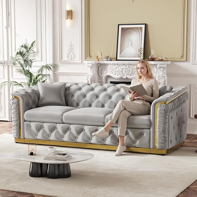 2 Piece Velvet Chesterfield Sofa Luxury Tufted Sofa Black and Gold Couch Set - Image 8