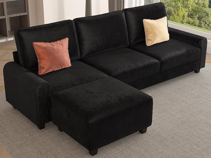 EASE MOOSE Large Seat Velvet L-Shaped Sofa, Soft 4 Seat Couch by EASEMOOSE