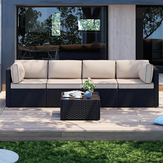 Patio Furniture Sets, 5 Piece Outdoor Sectional Sofas, Wicker Rattan Outdoor - Image 3