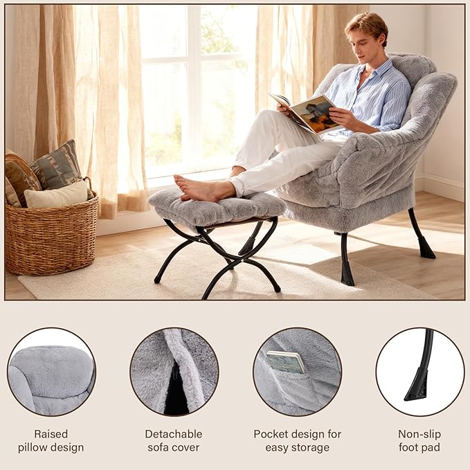 Welnow Lazy Chair with Ottoman, Modern Accent Chair with Armrests and a Side - Image 4