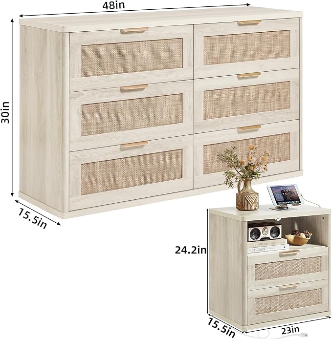 LEYAOYAO Rattan Dresser and Nightstand Set of 2, Boho Wood Dresser - Image 3