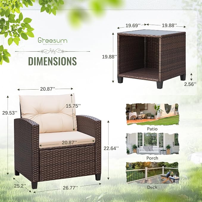 Greesum 3 Pieces Patio Furniture Sets Outdoor PE Rattan Wicker Chairs - Image 6