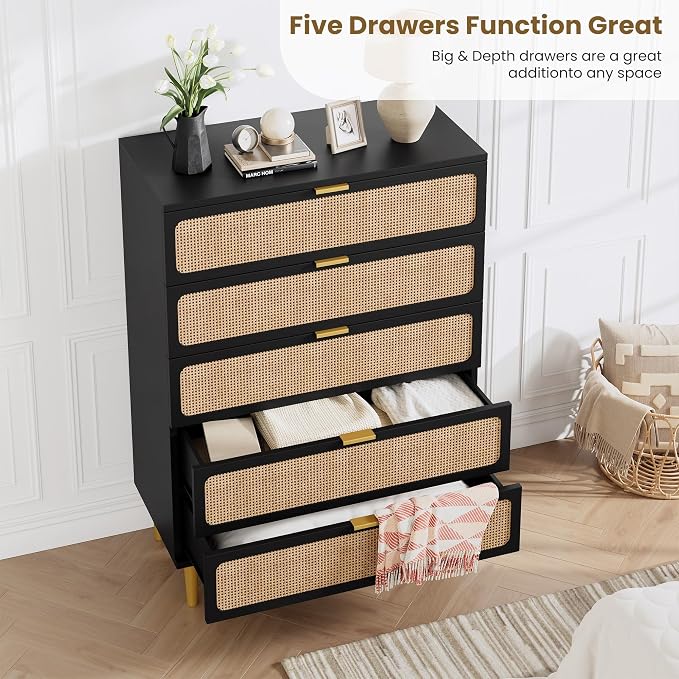 GarveeHome Rattan 5 Drawer Dressers - Image 4