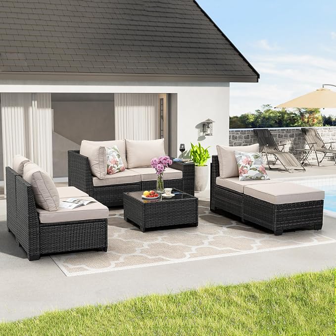 JOYURE 7 Pieces Patio Furniture Set All-Weather Outdoor Wicker Sectional - Image 8