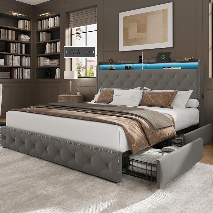 LARMACE King Bed Frame with 4 Storage Drawers and USB Charging Station Velvet by LARMACE