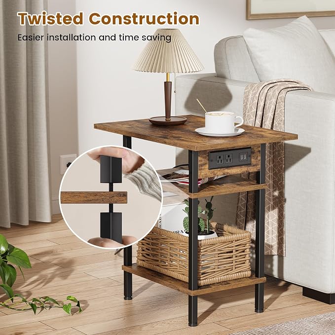 Asgolion Side Table with Charging Station, Skinny Nightstand with USB Ports and - Image 6