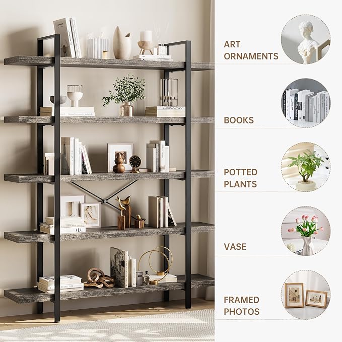 OtterOasis Bookshelf Set, Heavy Duty 5-Tier Industrial Bookcase, 120lbs Shelf - Image 3