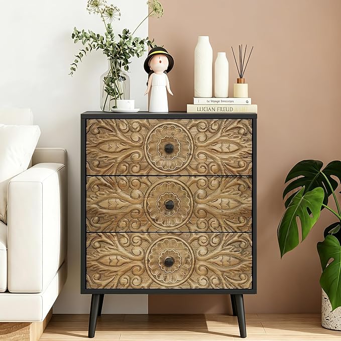 Carved Black Wood Nightstand, 3 Drawers Accent Cabinet, Vintage End Table - Image 2