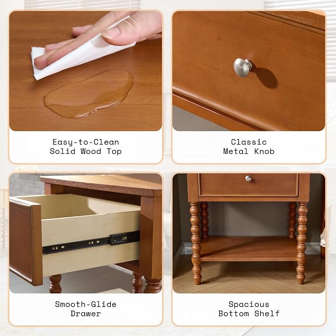 AMERLIFE 24" Wooden Nightstand Set of 2, Vintage Bedside Table - Image 7