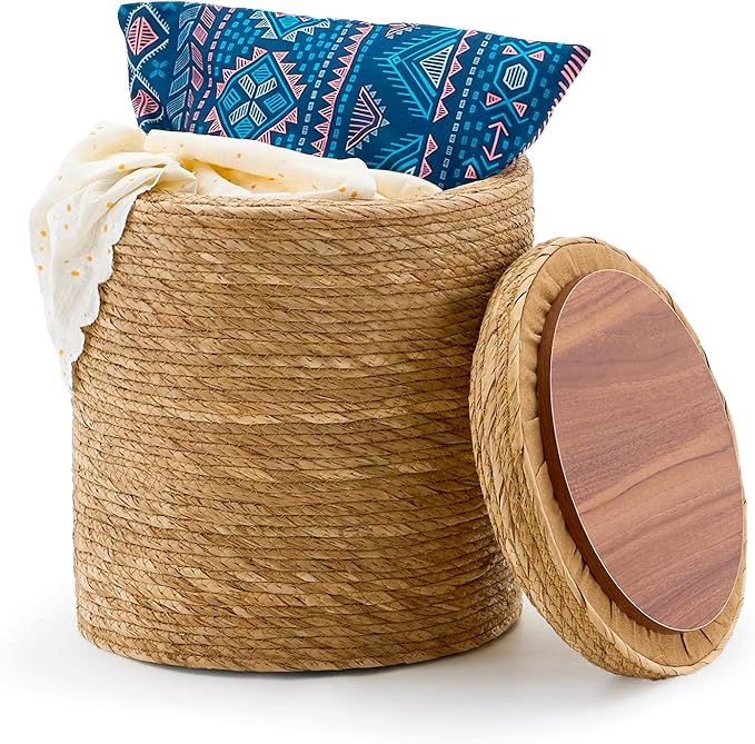 Wimarsbon Round Pouf Ottomans, Handwoven Natural Water Hyacinth Seagrass Pouffe by Wimarsbon