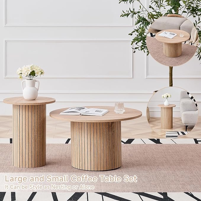 Round Nesting Coffee Table Set of 2 Mid Century Modern Wood Round Coffee Tables - Image 4