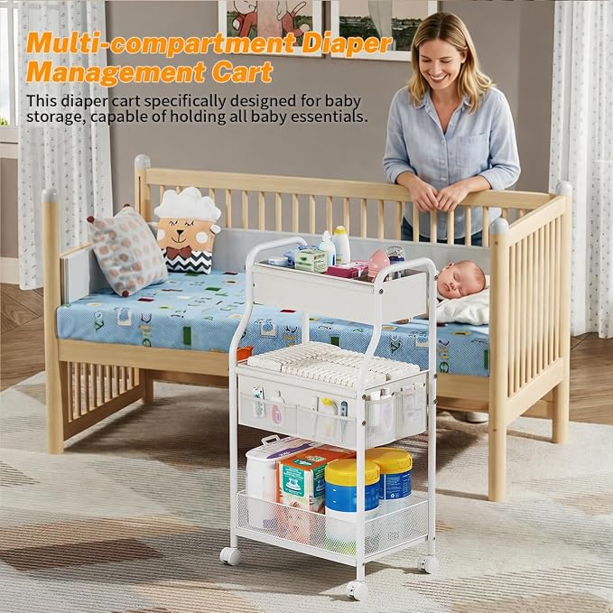 3-Tier Diaper Caddy Organizer & Rolling Cart, Metal Utility Cart - Image 5