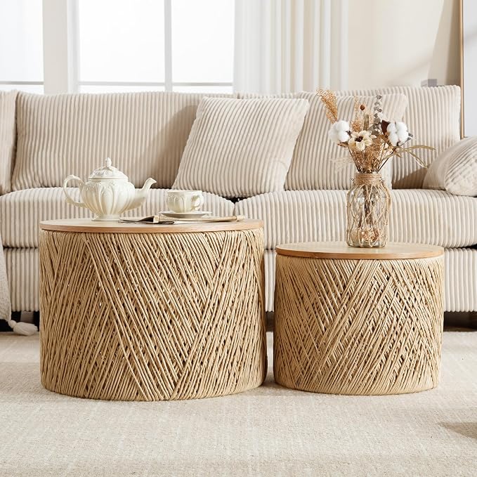 Kmax 24" Round Wood Nesting Coffee Table Set of 2 Handcraft Woven & Rope Rattan - Image 8