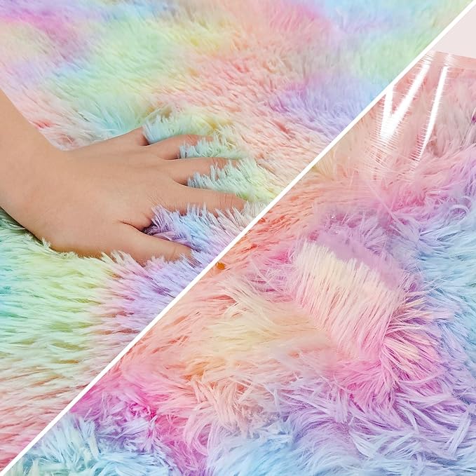 Fluffy Rainbow Rug for Girls Bedroom 3x10 Feet Kawaii Tie Dye Area Rug Colorful - Image 6