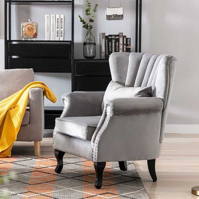 Mid Century Accent Chair Modern Tufted Wingback Armchairs Club Chair Velvet - Image 6