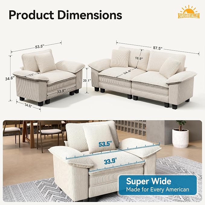 SUNSHINE VALLEY 87.5'' Oversized Loveseat Couch and Chair Set, 3-Seat Corduroy - Image 2
