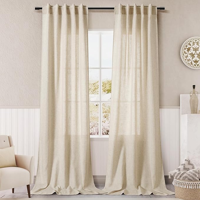 Extra Long Curtain 38x108 inches Long 2 Panels Set Back Tab Beige Linen Drapes by Nanspring