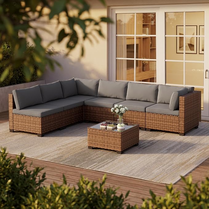 Qsun 7 Pieces Patio Furniture Set, Outdoor Sectional Rattan Sofa Set, Wicker by Qsun