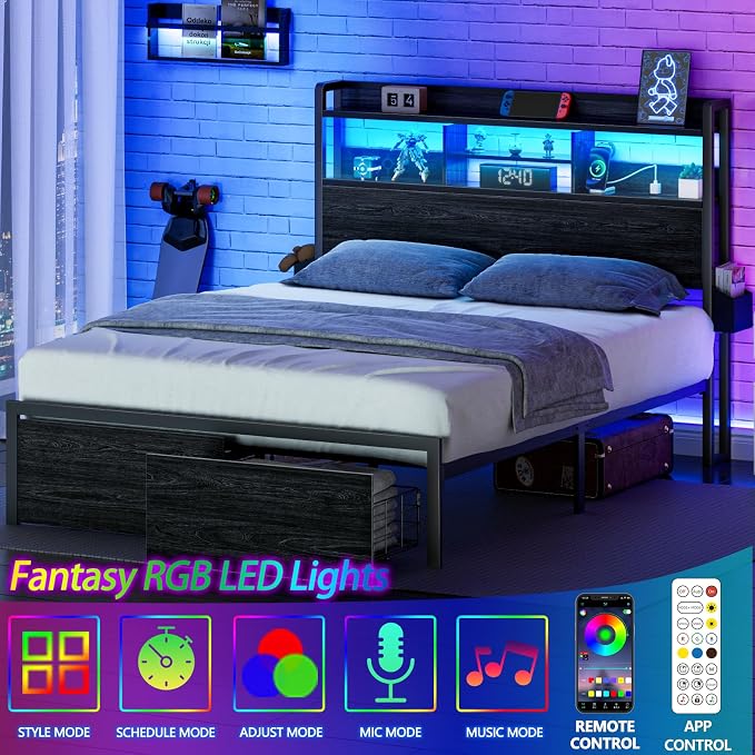 Furnulem Queen Bed Frame with Wood Headboard and Storage Shelf, Metal Platform - Image 5