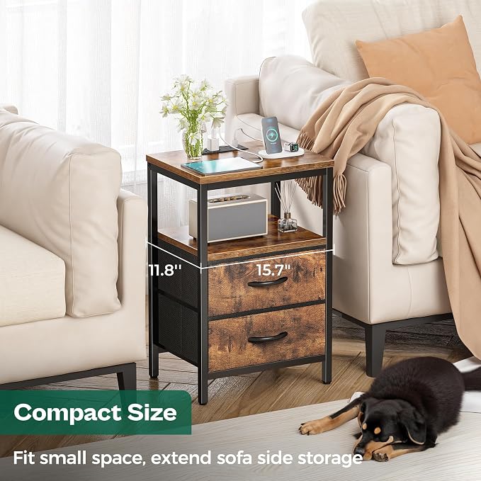 Huuger Nightstand with Charging Station, Fabric Drawers, End Table with Open - Image 6