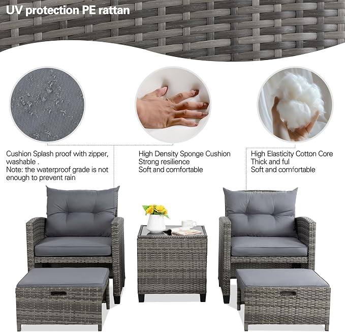 Vongrasig 5 Piece Patio Furniture Set, Small Balcony Furniture, PE Wicker - Image 5