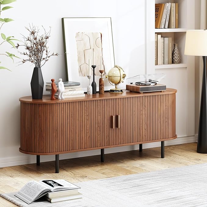 55" TV Stand with Power Outlet, Mid-Century Modern Television Stand, Fluted - Image 6