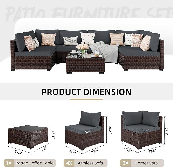 UPHA 7 Pieces Patio Furniture Sets, Wicker Outdoor Sectional Sofa Couch - Image 2