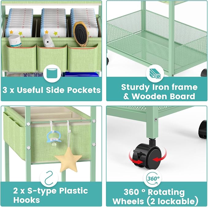 2in1 Baby Diaper Caddy Organizer Cart, 3-Tier Rolling Cart, Metal Diaper Caddy - Image 6