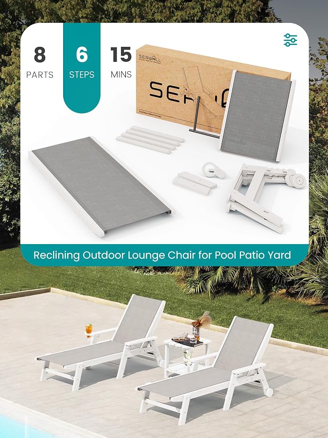 SERWALL Textilene Patio Chaise Lounge Chair Set of 2, 5 Positions Outdoor - Image 8