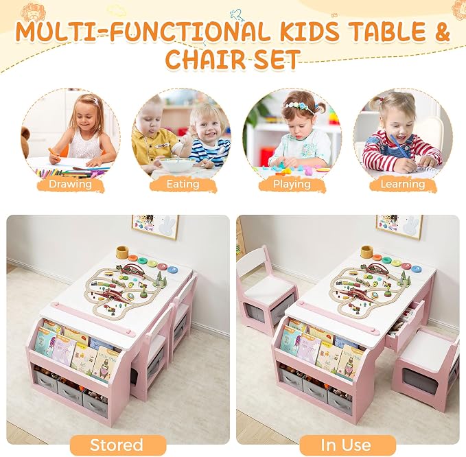 5-in-1 Kids Art Table and Chairs, Wood Toddler Table and Chair Set - Image 7