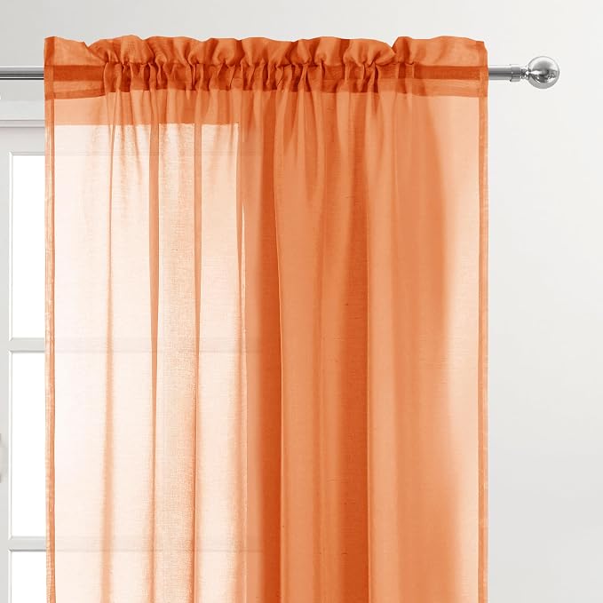 DWCN Sheer Orange Curtains 63 inch Length 2 Panels Set, Rod Pocket Solid Color - Image 2
