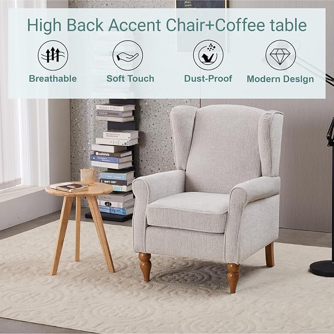 Vintage Style Wingback Chair and Coffee Table Set Solid Wood Frame Beige Fabric - Image 7