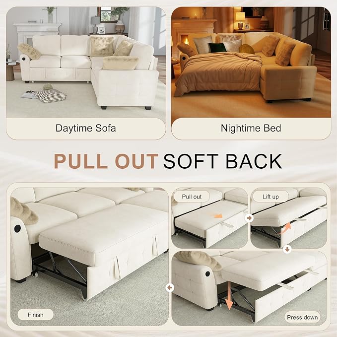 Hanherry Sectional Couch with Pull Out Sofa Bed, Chenille Sleeper Sofa with 2 - Image 5