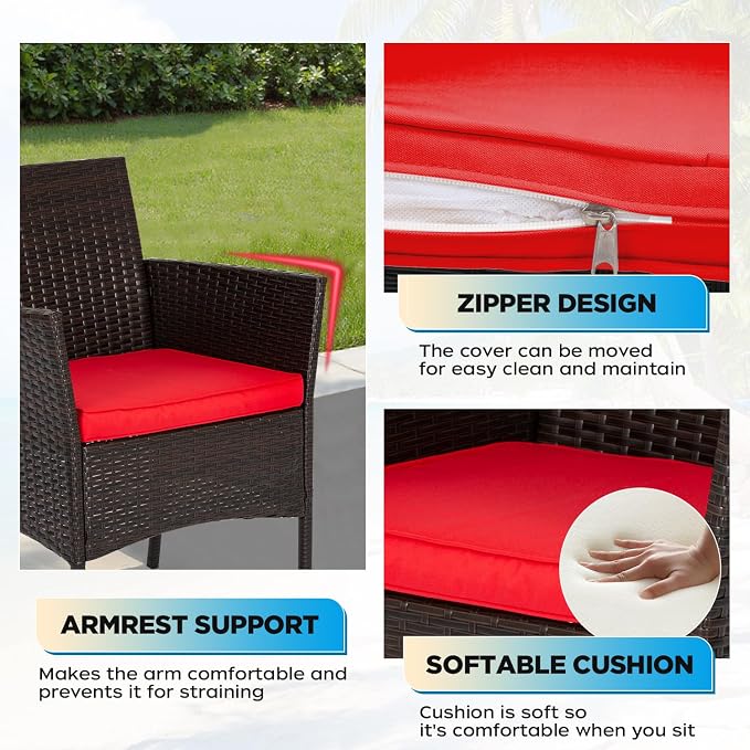 FDW | 3-Piece Patio Furniture Set | Brown & Red | Outdoor Wicker Furniture - Image 4