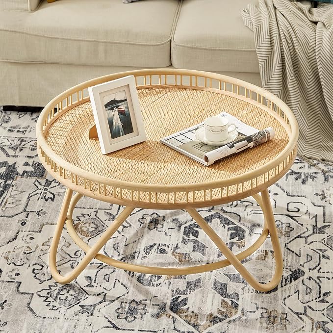 FINECASA Round Rattan Coffee Table, Modern Unique Farmhouse Tray Top Center by FINECASA
