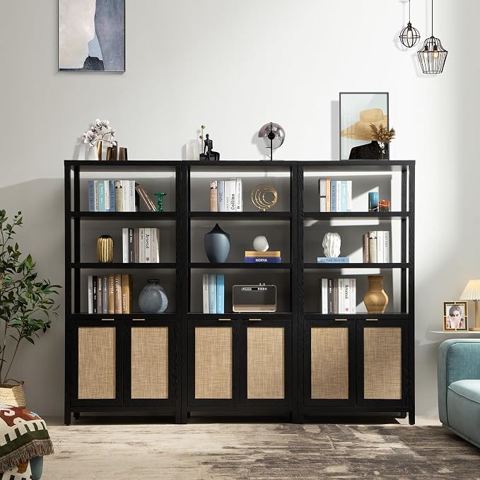 SICOTAS Bookshelf 5 Tier Book Shelf Rattan Boho 71" Tall Bookcase - Image 9